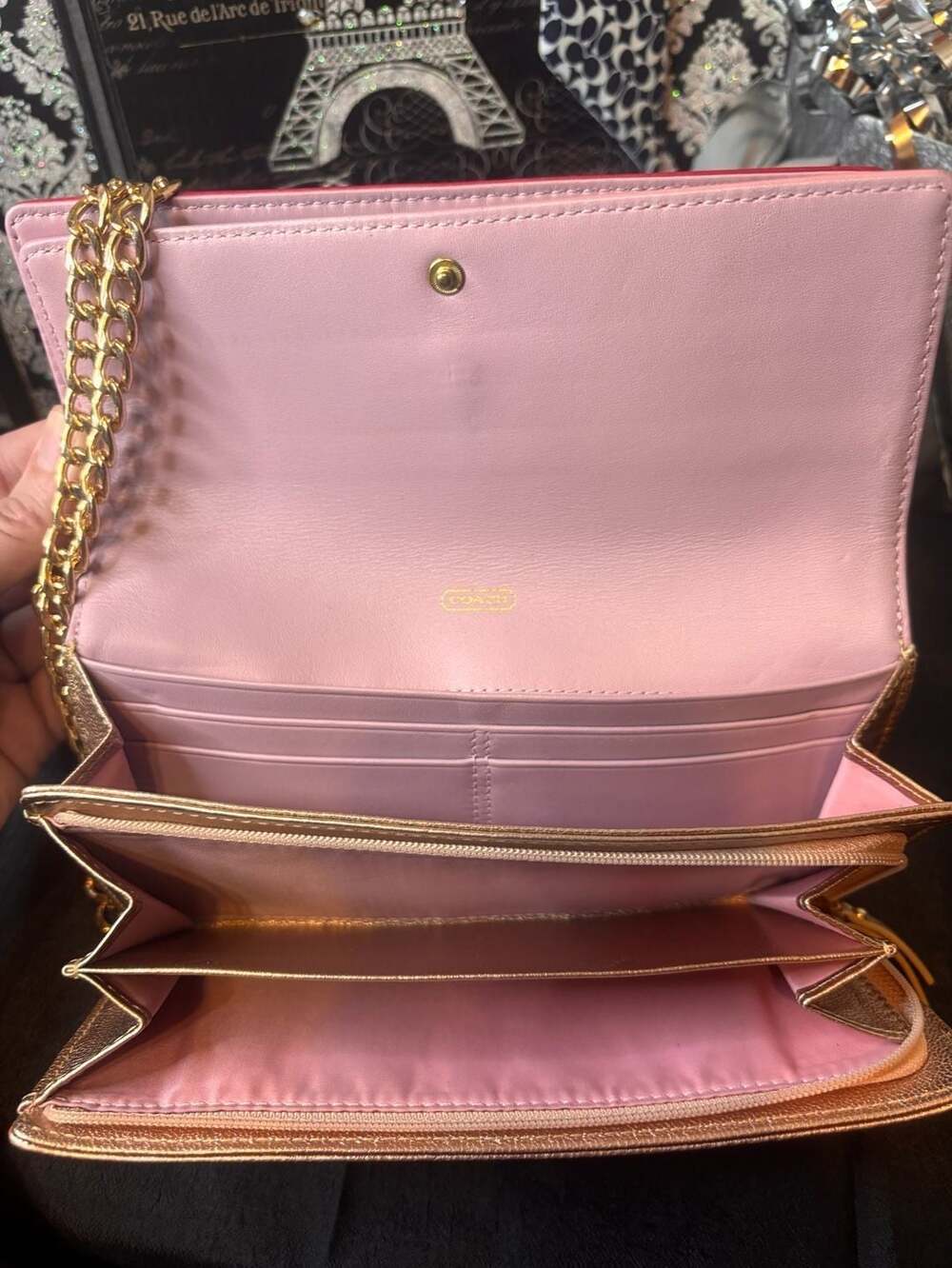 Coach Colorblock Chain Crossbody Wallet Pink Gold Leather - Picture 4 of 11